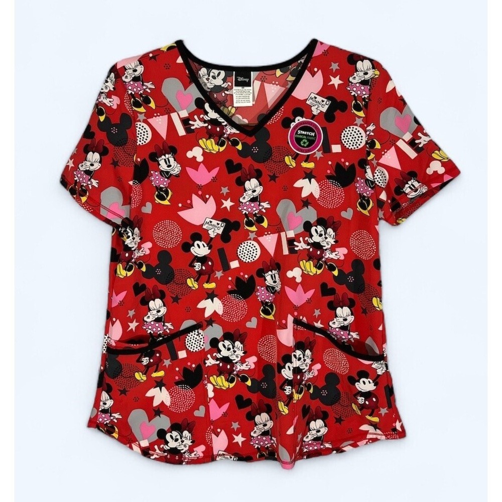 Disney Women's Medical V-neck‎ Mickey Minnie Seasonal Print Scrub Top MD NWT